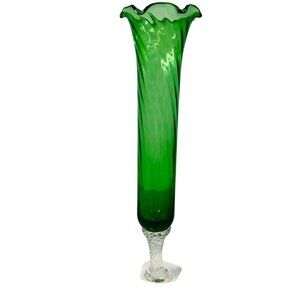 Vtg Green Swirl Glass Vase Hand-blown Flared Ruffled Clear Twisted Stem Bud